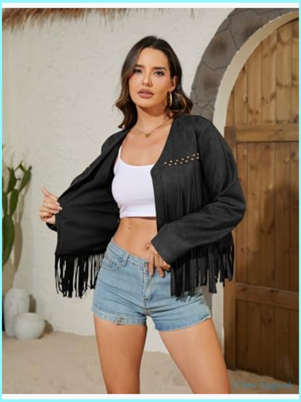 Oversized Fringe Cropped Faux Leather Jacket Western Cowgirl Motorcycle Coat - Picture 4 of 7